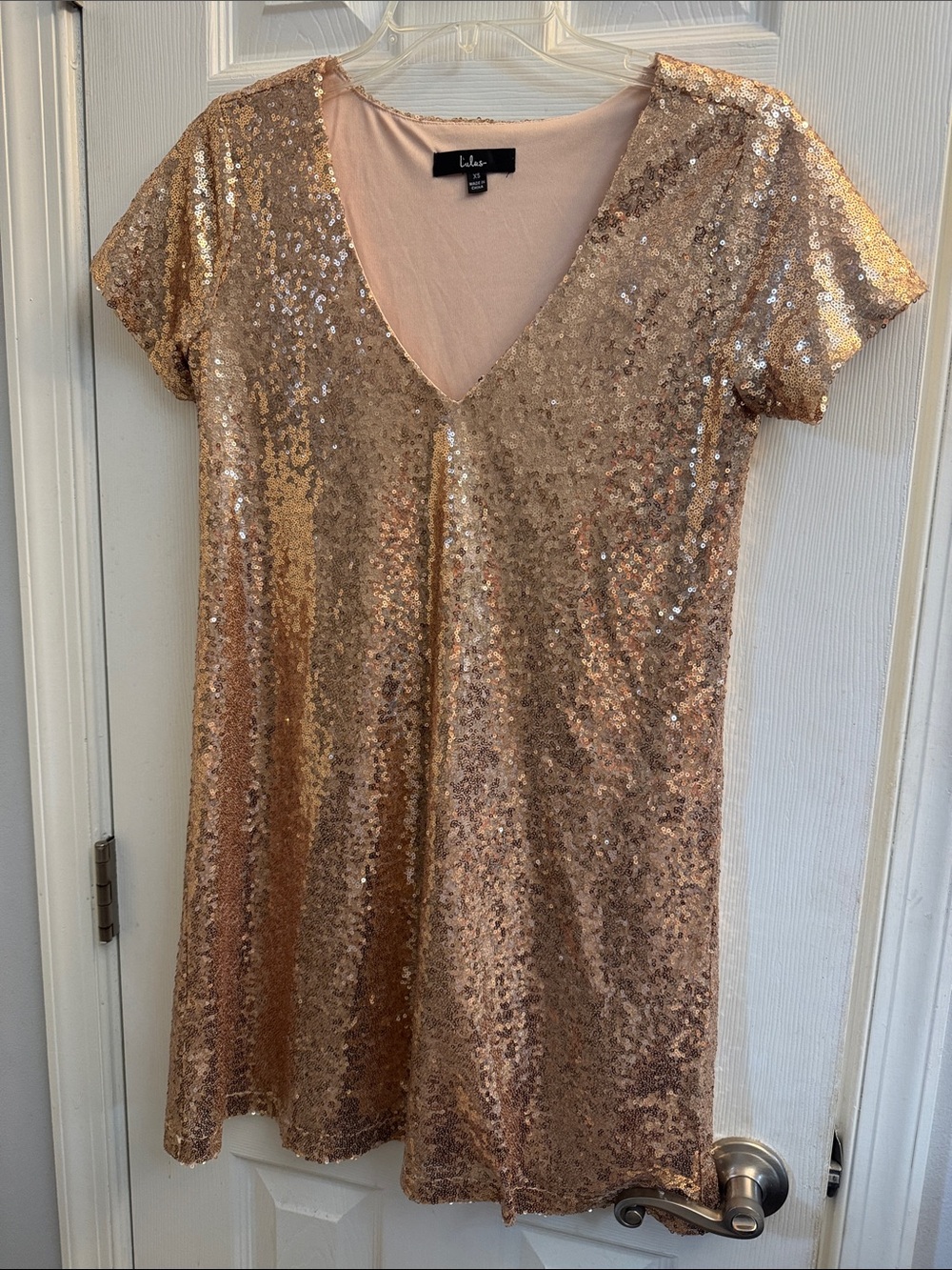 Lulu's Rose Gold Sequin V-Neck Short Sleeve Dress